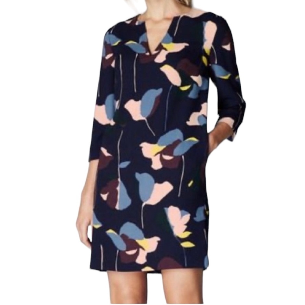 Boden | Easy Notch Floral Shift Dress 3/4 Sleeve Navy Size 8 Long